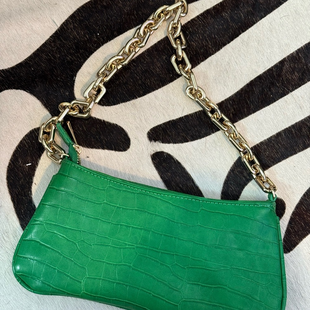 Zara Emerald Croc-Embossed Shoulder Bag with Gold Chain